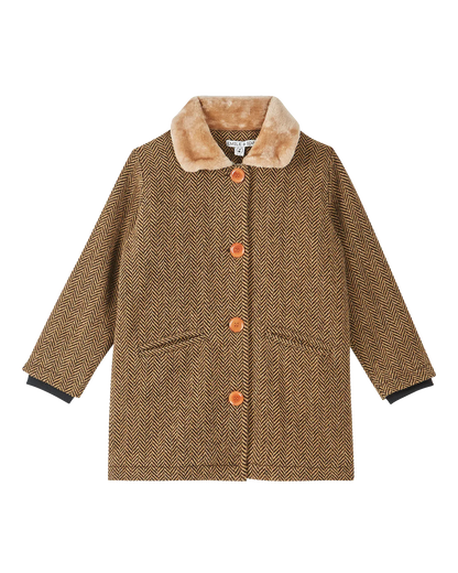 Manteau laine à chevrons beiges et noir