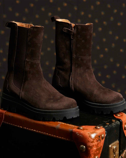 Boots cuir velours ajouré ébène