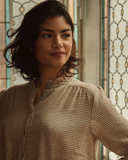 Blouse viscose et laine vichy beige