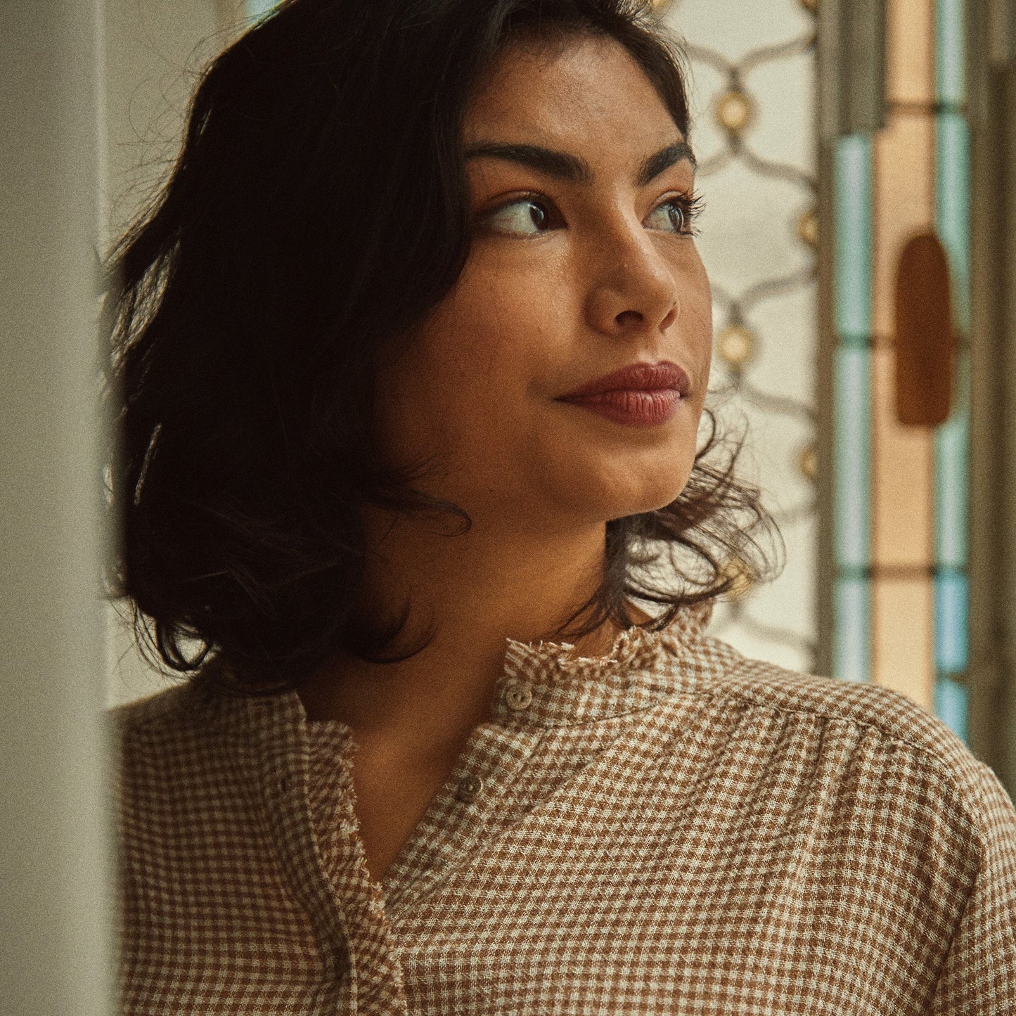 Blouse viscose et laine vichy beige