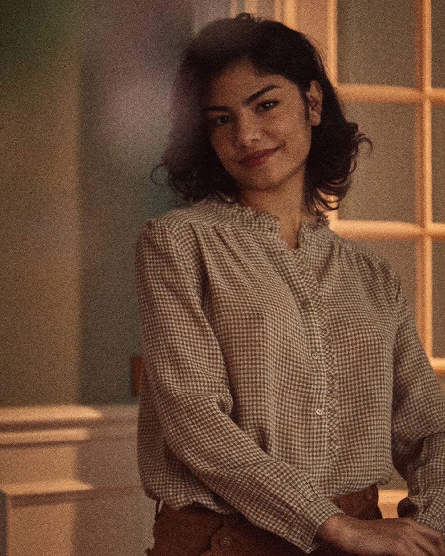 Blouse viscose et laine vichy beige