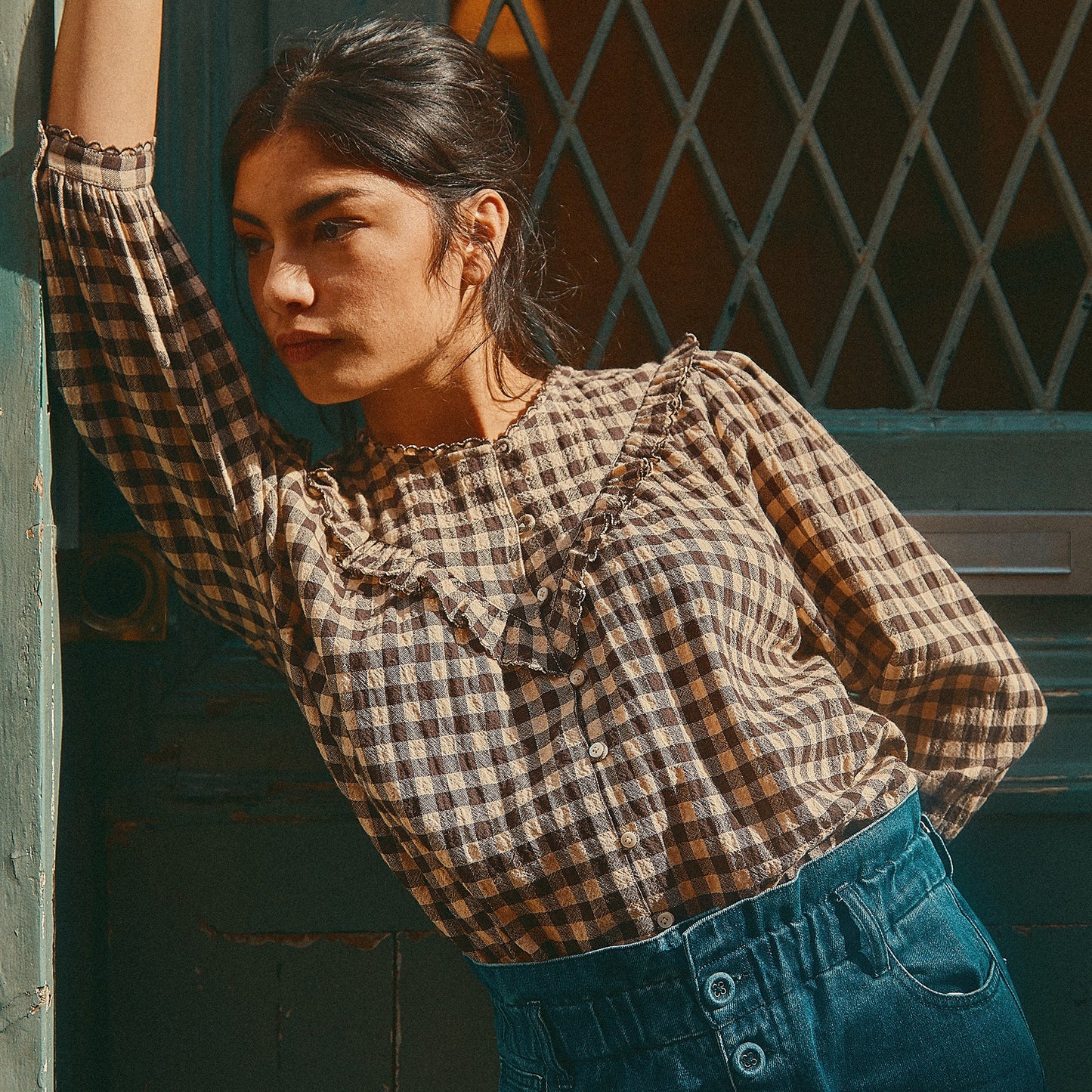 Blouse volantée coton vichy café
